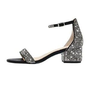XYD Women Open Toe Studded Rhinestone Low Block Heel Bejeweled Sandal Pumps